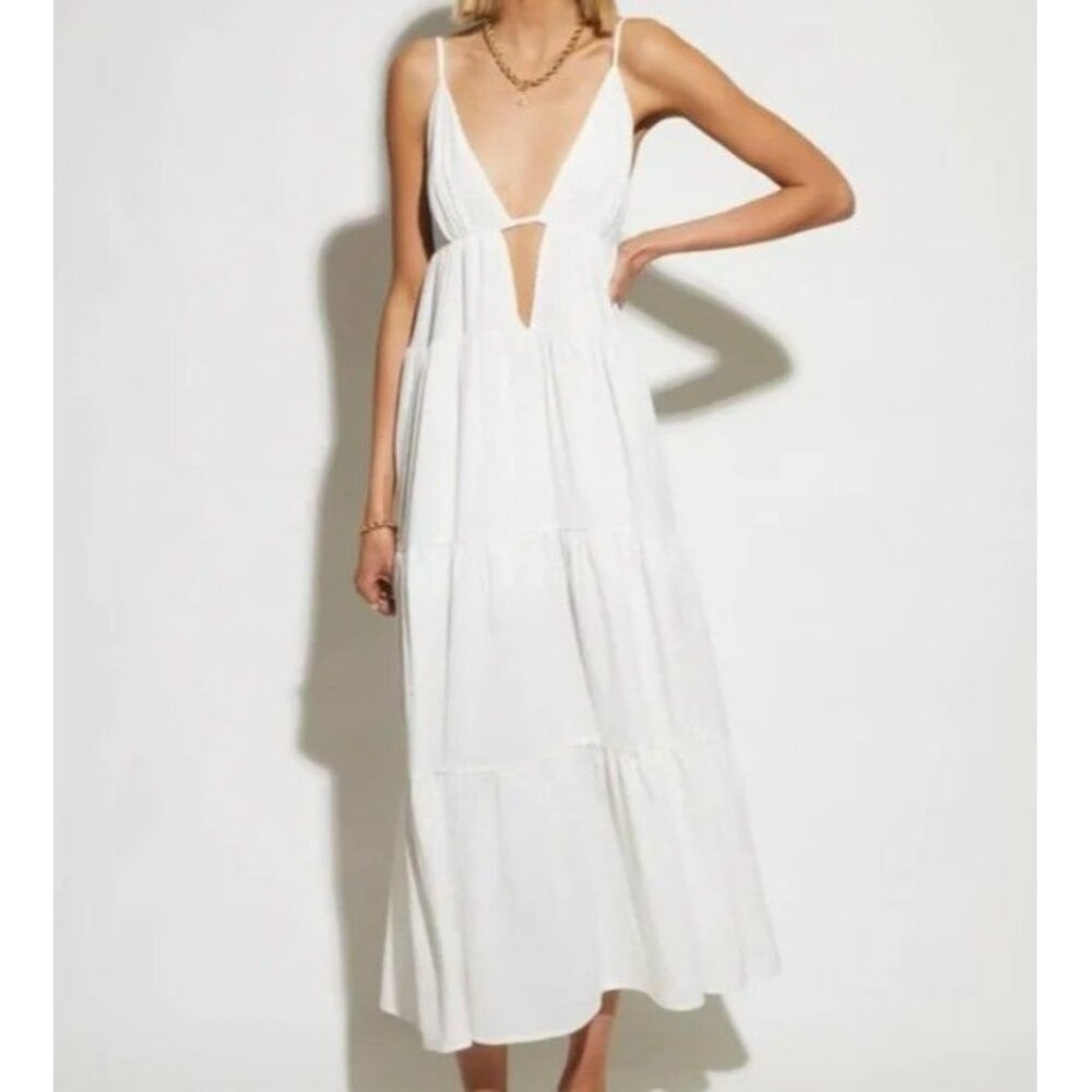 SNDYS Indigo Dress Womans XL White Maxi Plunging Neckline Summer Flowy NEW
